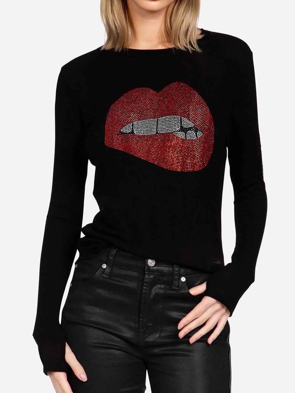 Lauren Moshi Black Long-Sleeve Tee with Red Rhinestone Lip Graphic